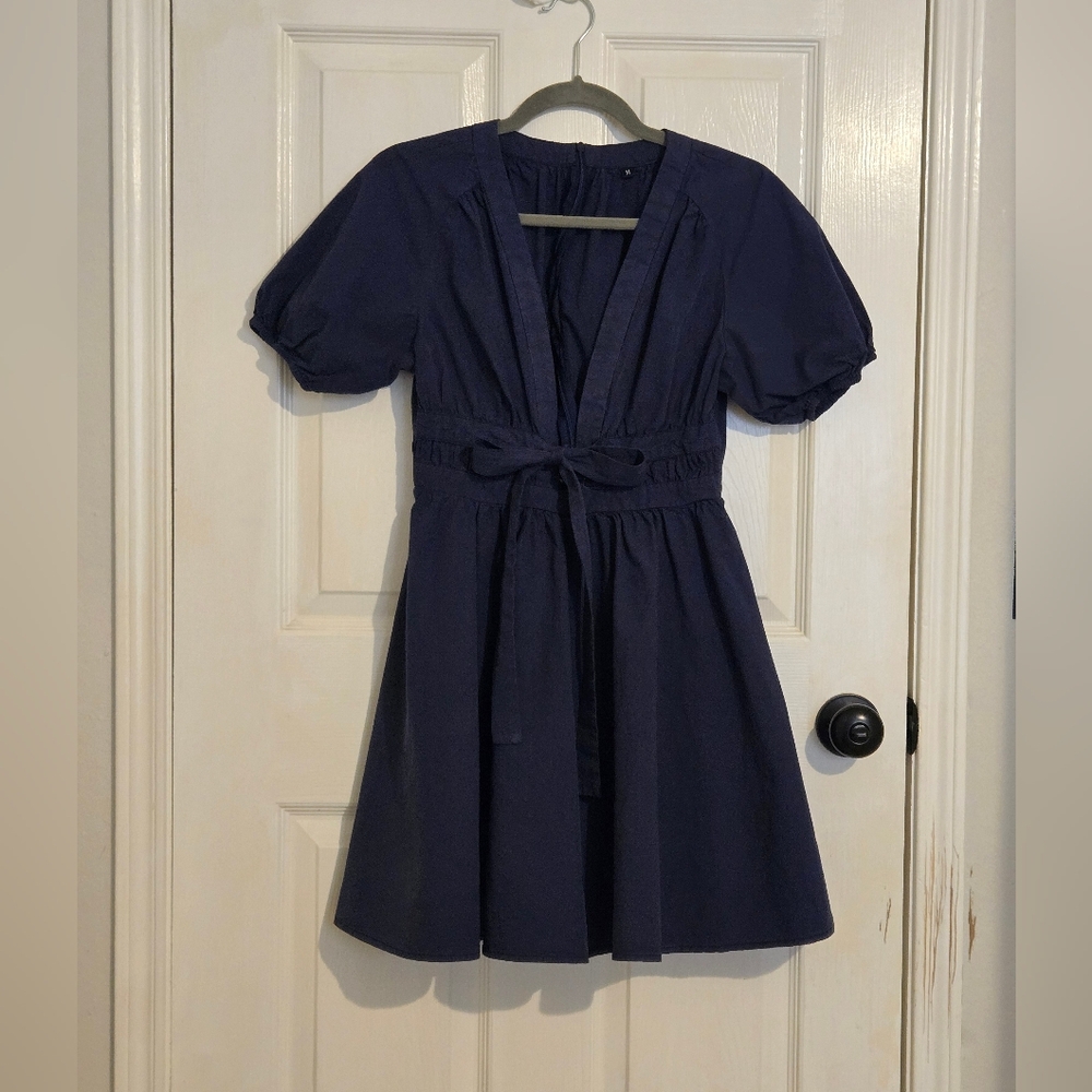 Navy Short Sleeve Tie-Waist Dress